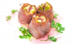 Baked Fig wrapped in Kaczanowski Deluxe Ham with Raspberry Finishing Vinegar by Nicholson Fine Foods original copy