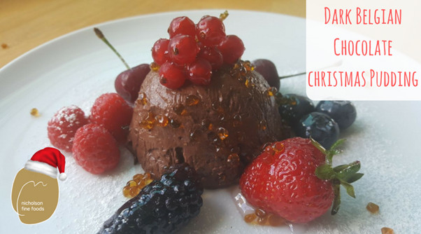 Dark Belgian Chocolate Christmas pudding with glazed berries